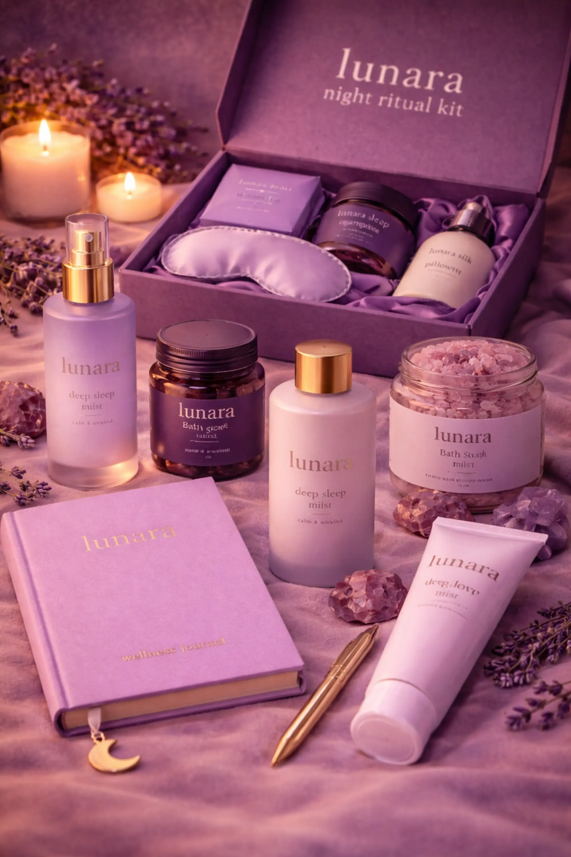 Lunara Night Ritual Kit complete sleep bundle with tea gummies pillow mist and silk sleep mask
